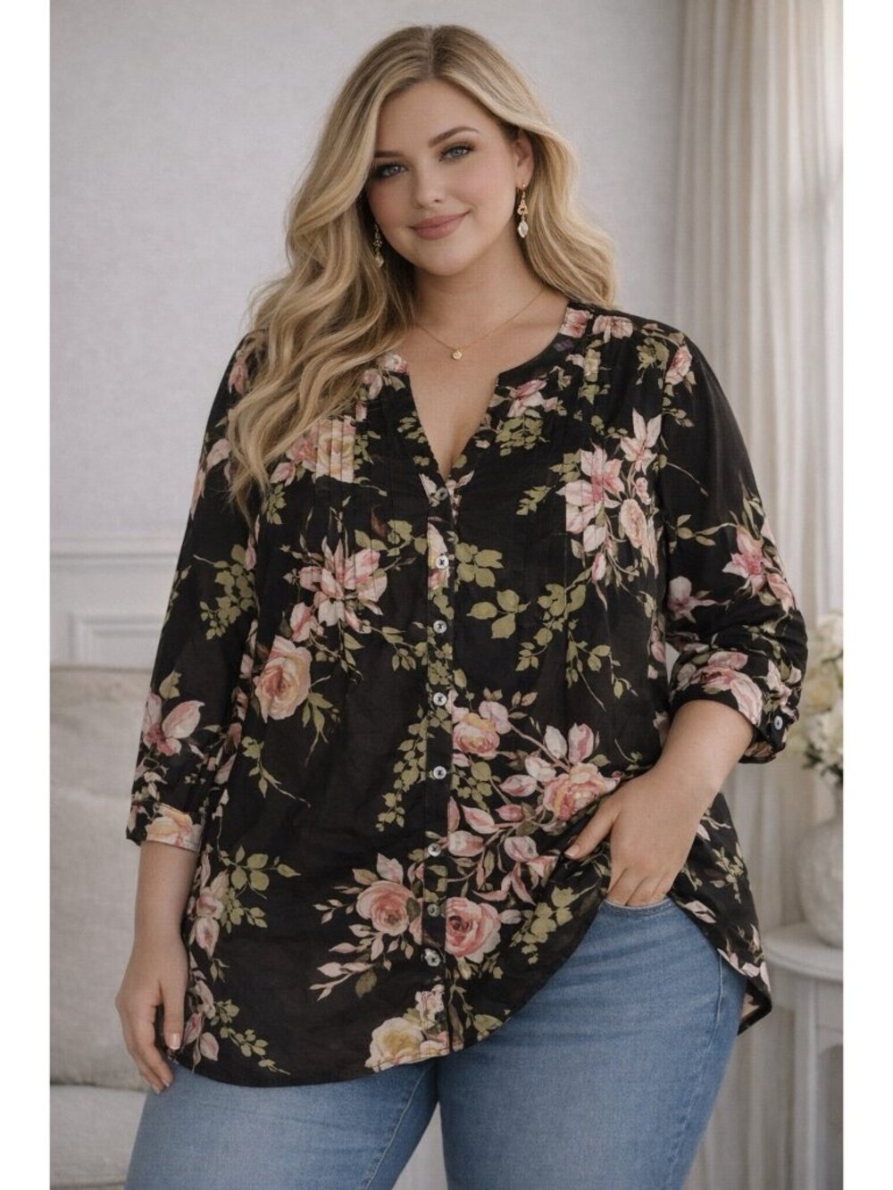 Roaman’s Women’s  Floral Tunic Top Plus Size 24W pintuck Button Down Lightweight